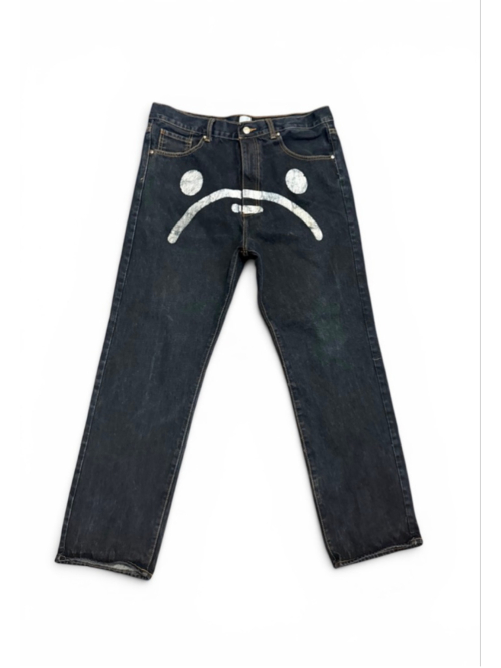 Vtg Y2K A Bathing Ape BAPE Sad Face Denim Jeans Relaxed Baggy Fit Japan Made XL